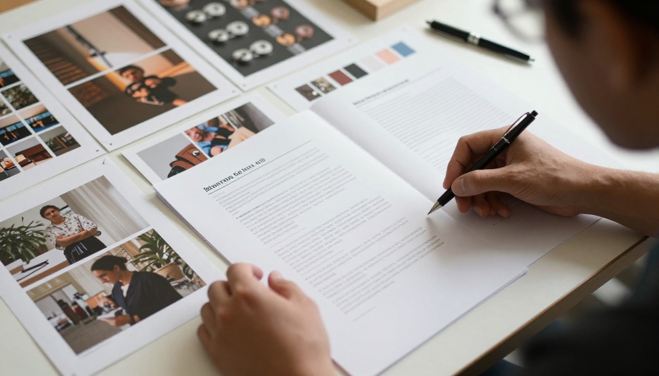 Designer arranging report page layouts and photo prints on a studio table