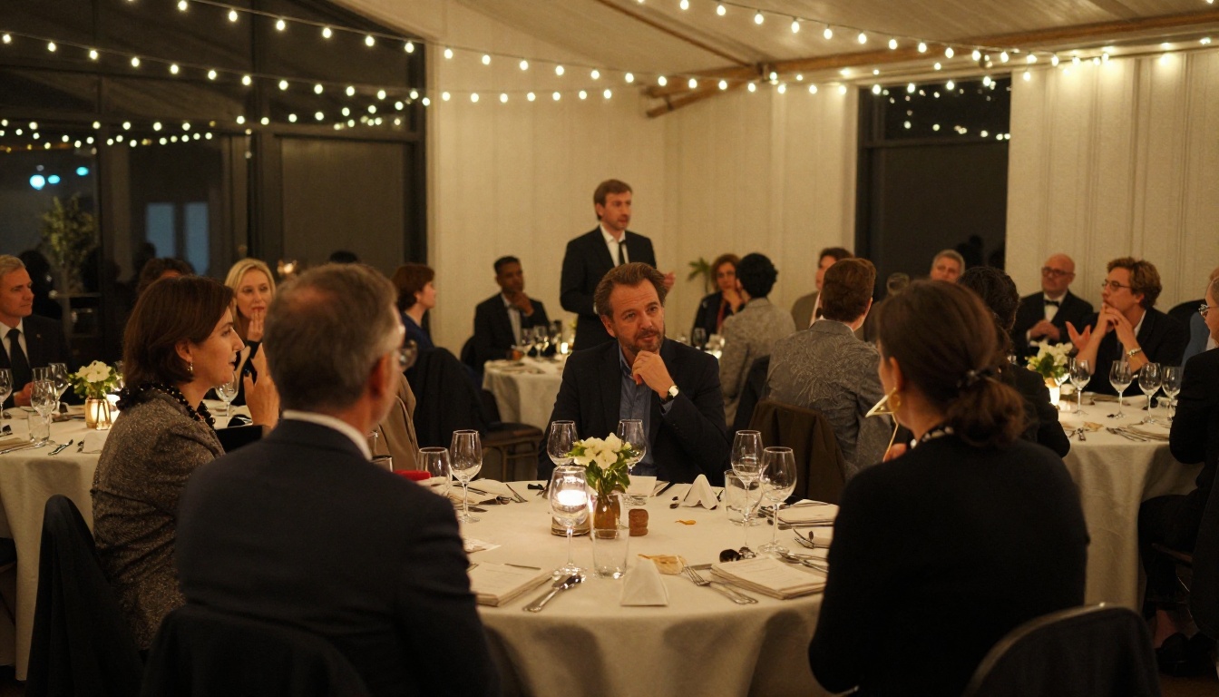 Charity gala guests listening to a speaker under string lights