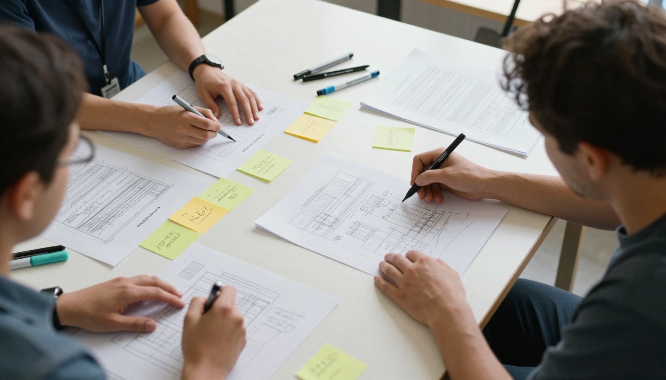 Colleagues sketching a document outline around a workshop table with sticky notes