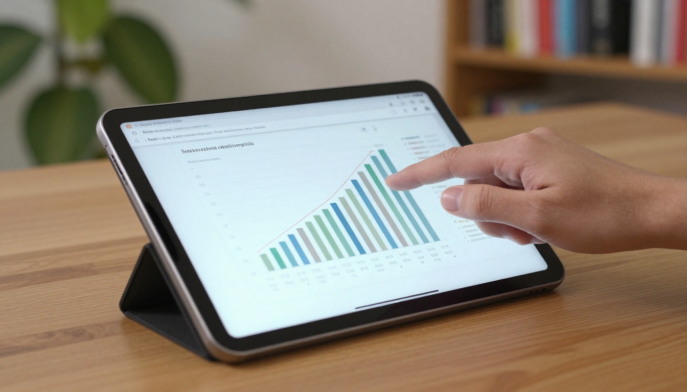 A tablet showing a digital report with a large readable bar chart A tablet showing a digital report with a large readable bar chart
