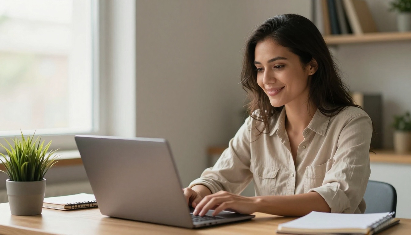 Confident new employee smiling at her laptop on her first week