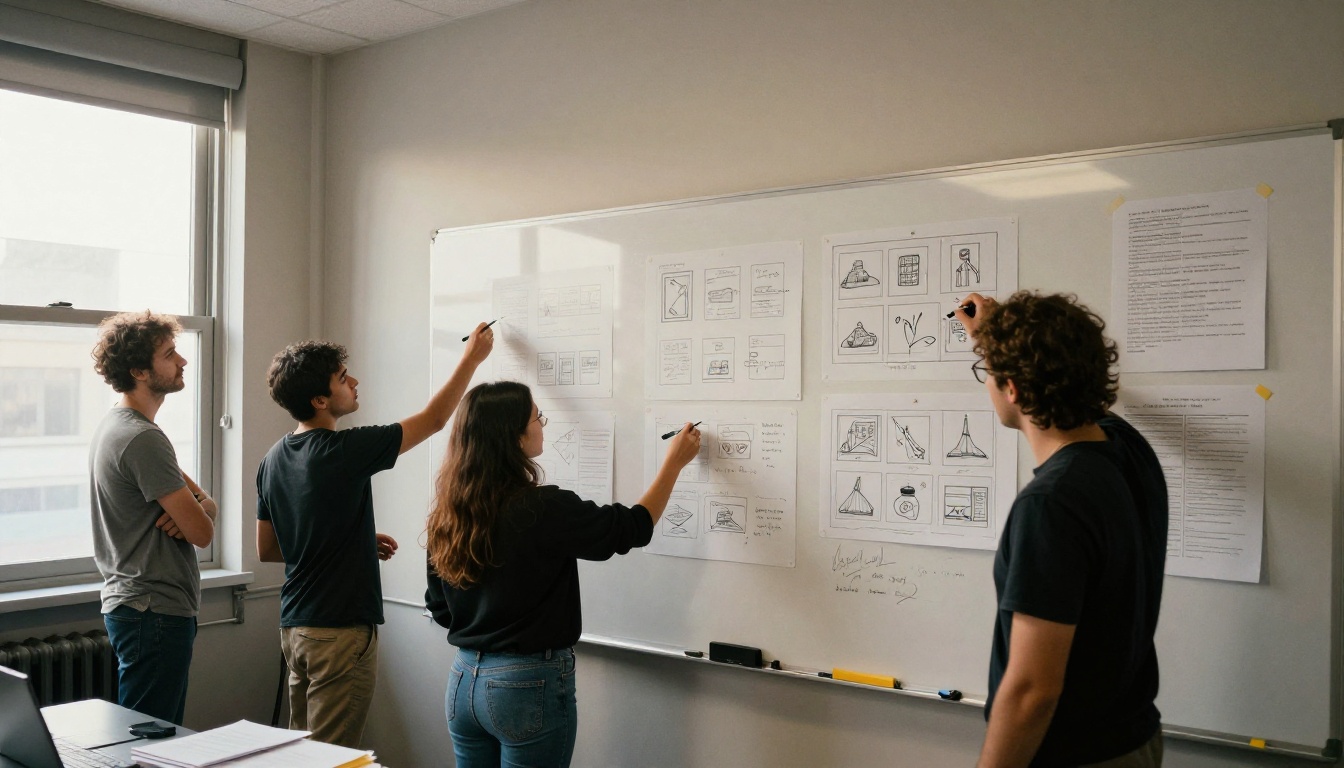 A team sketching report page thumbnails on a whiteboard A team sketching report page thumbnails on a whiteboard