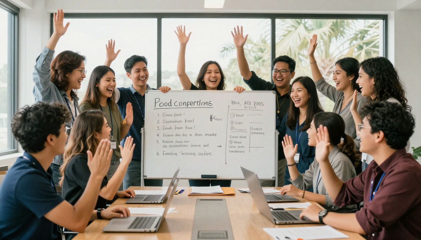 Nonprofit team celebrating around a conference table