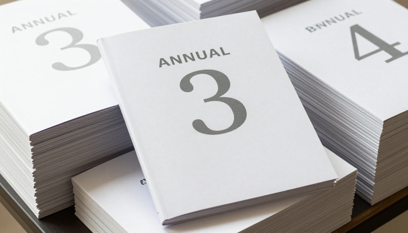 A finished annual report standing on a shelf beside other reports A finished annual report standing on a shelf beside other reports