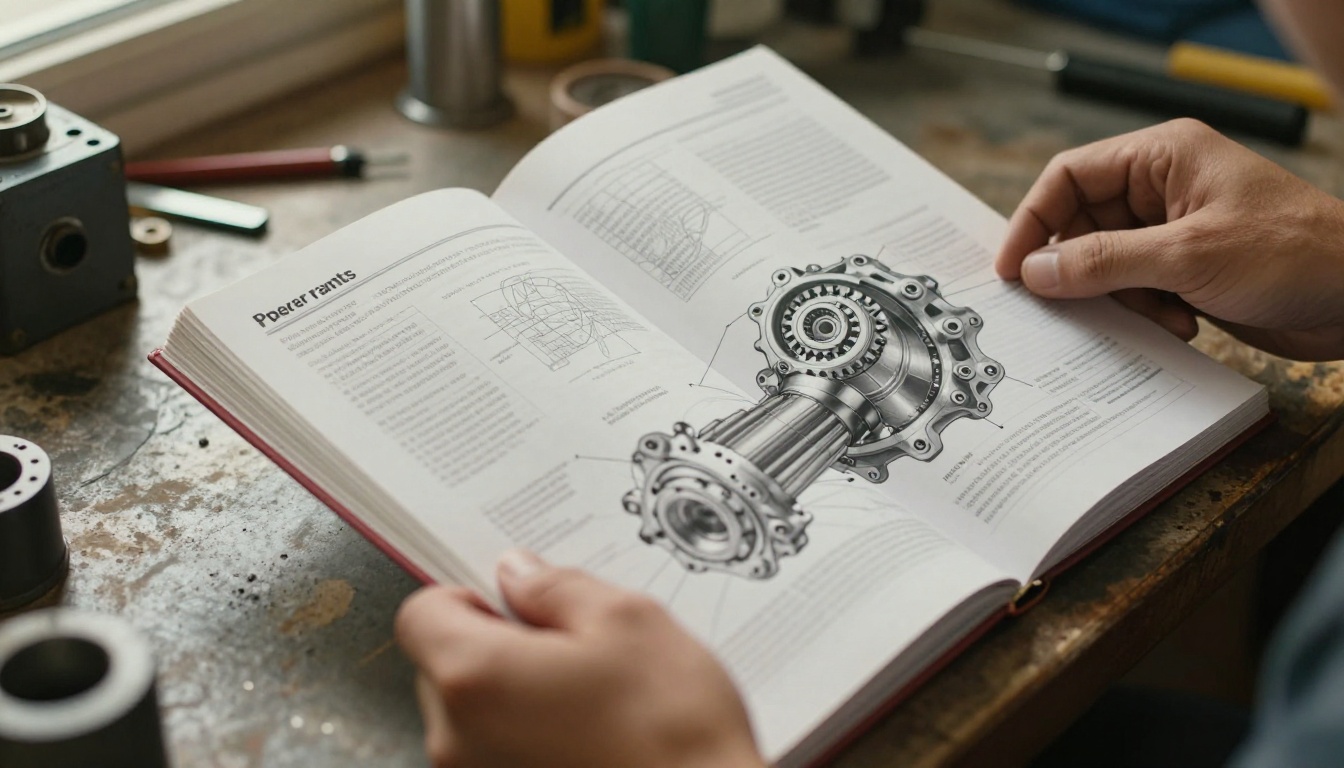 Engineer flipping through a printed spare parts catalog with exploded-view drawings