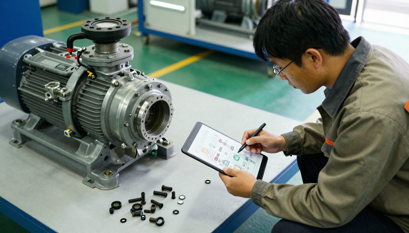 Technician reading an exploded-view diagram on a tablet next to an open industrial pump