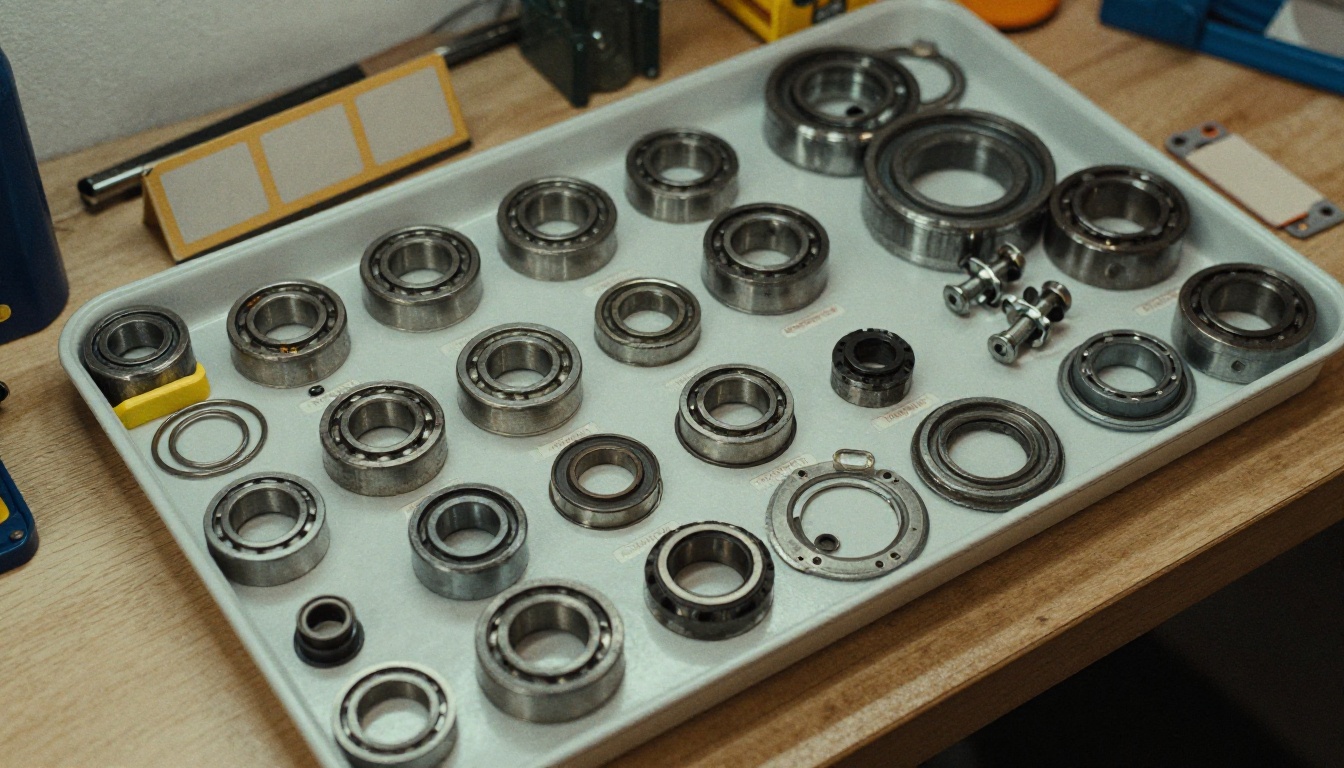 Overhead view of spare parts sorted into labeled trays by category