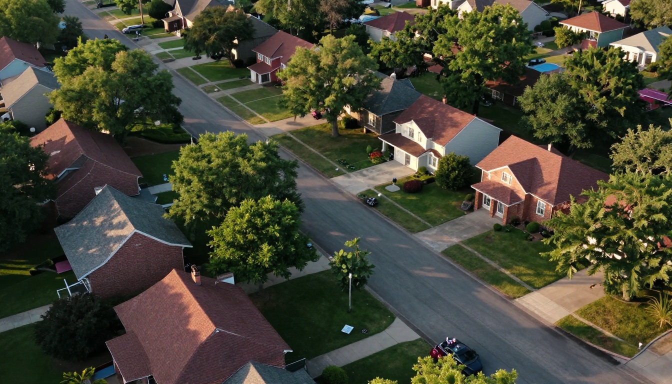 Aerial view of a suburban neighborhood at sunrise