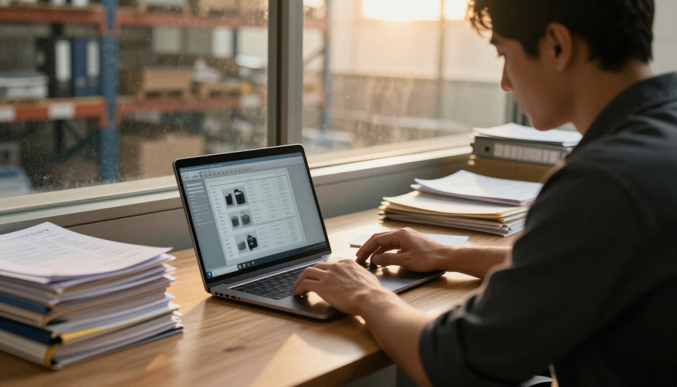 Parts manager comparing a digital catalog on a laptop with printed binders