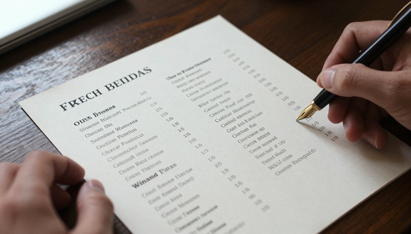 A printed wine list organized in columns by wine style, with a pen resting beside it