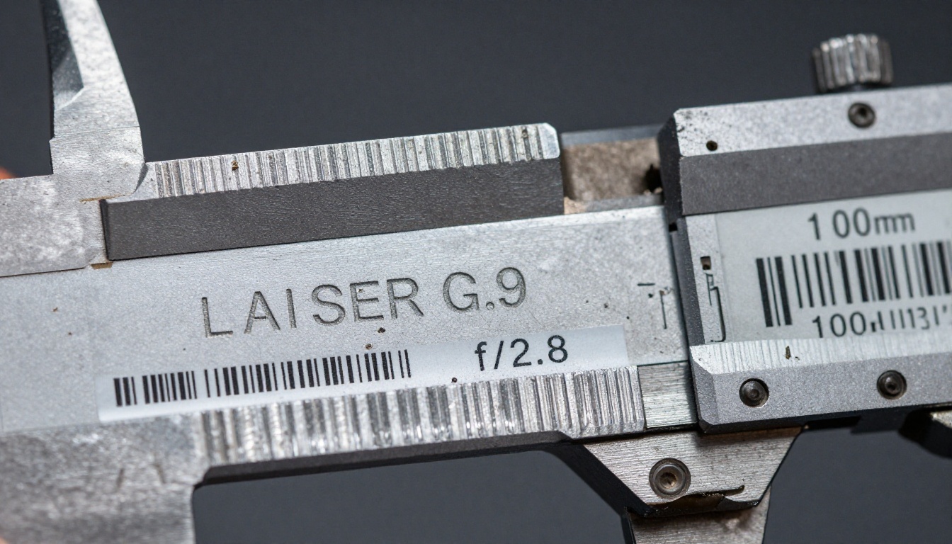 Macro view of a laser-etched part number beside a barcode label and caliper