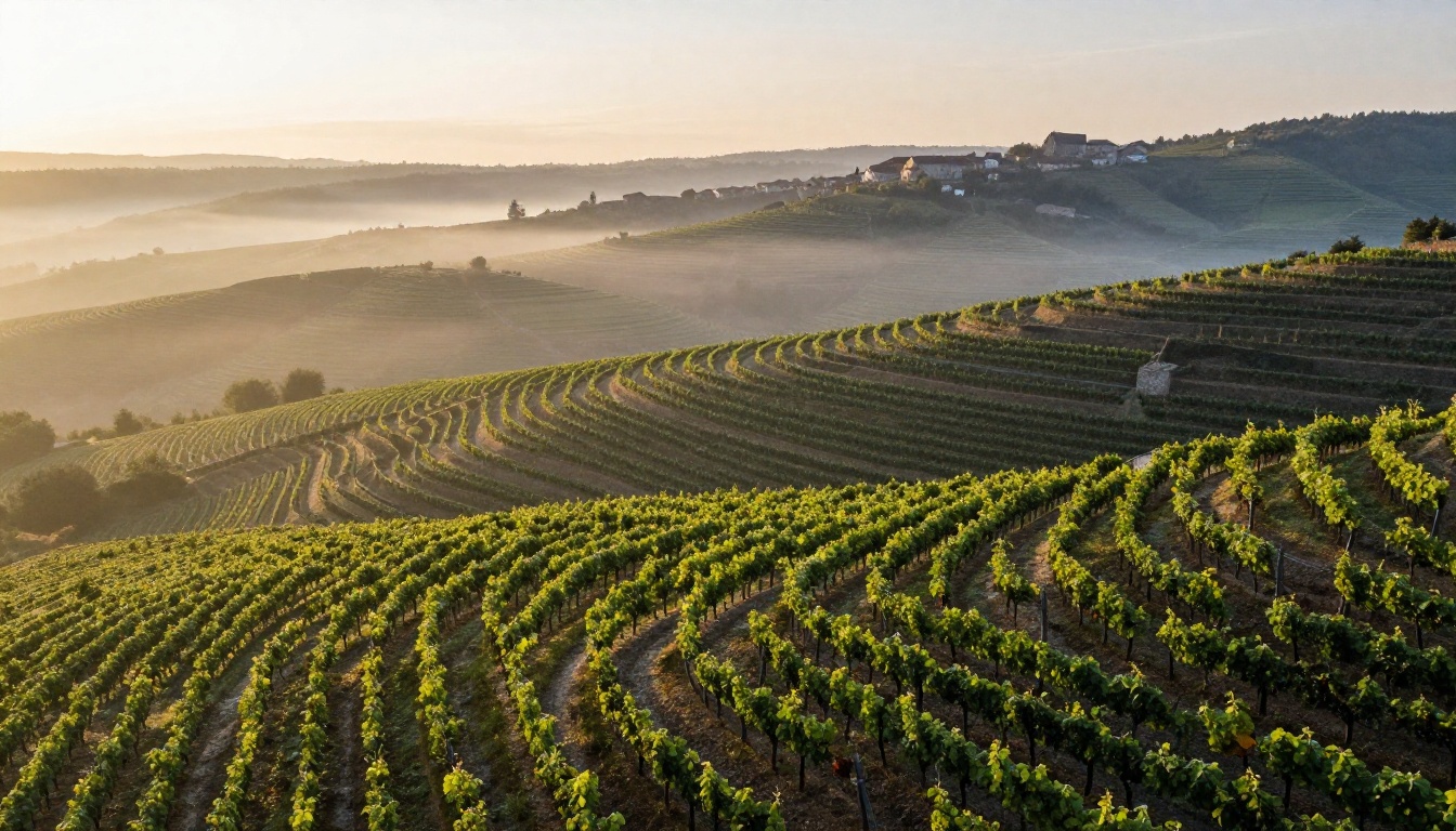Aerial view of terraced vineyards in rolling hills at sunrise