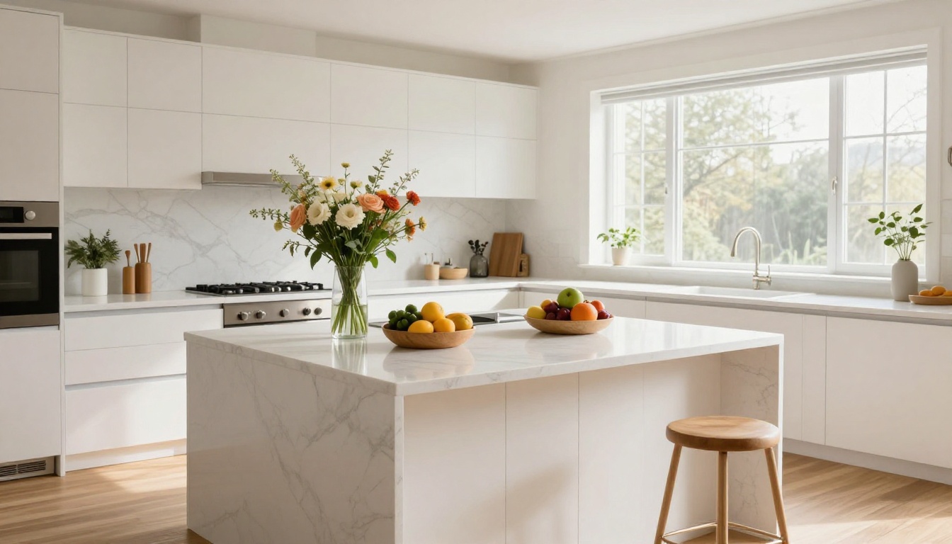 Bright staged kitchen with fresh flowers