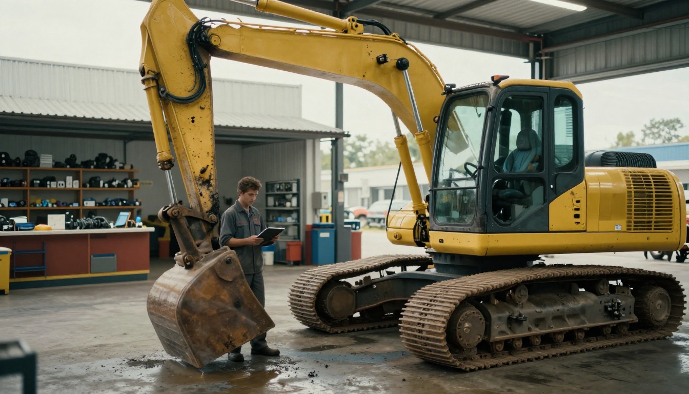 Heavy equipment service bay with a mechanic using a tablet beside an excavator
