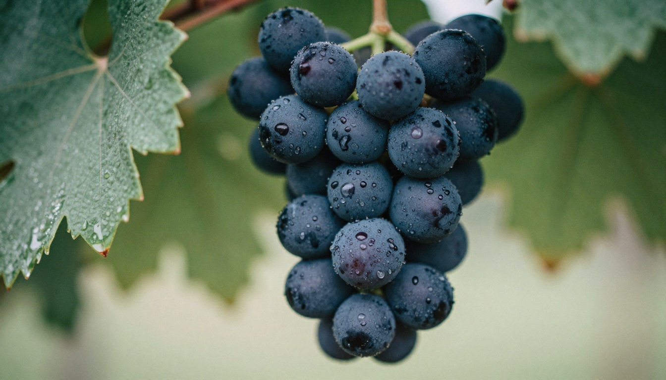 Macro shot of dark ripe grape clusters with morning dew on the vine
