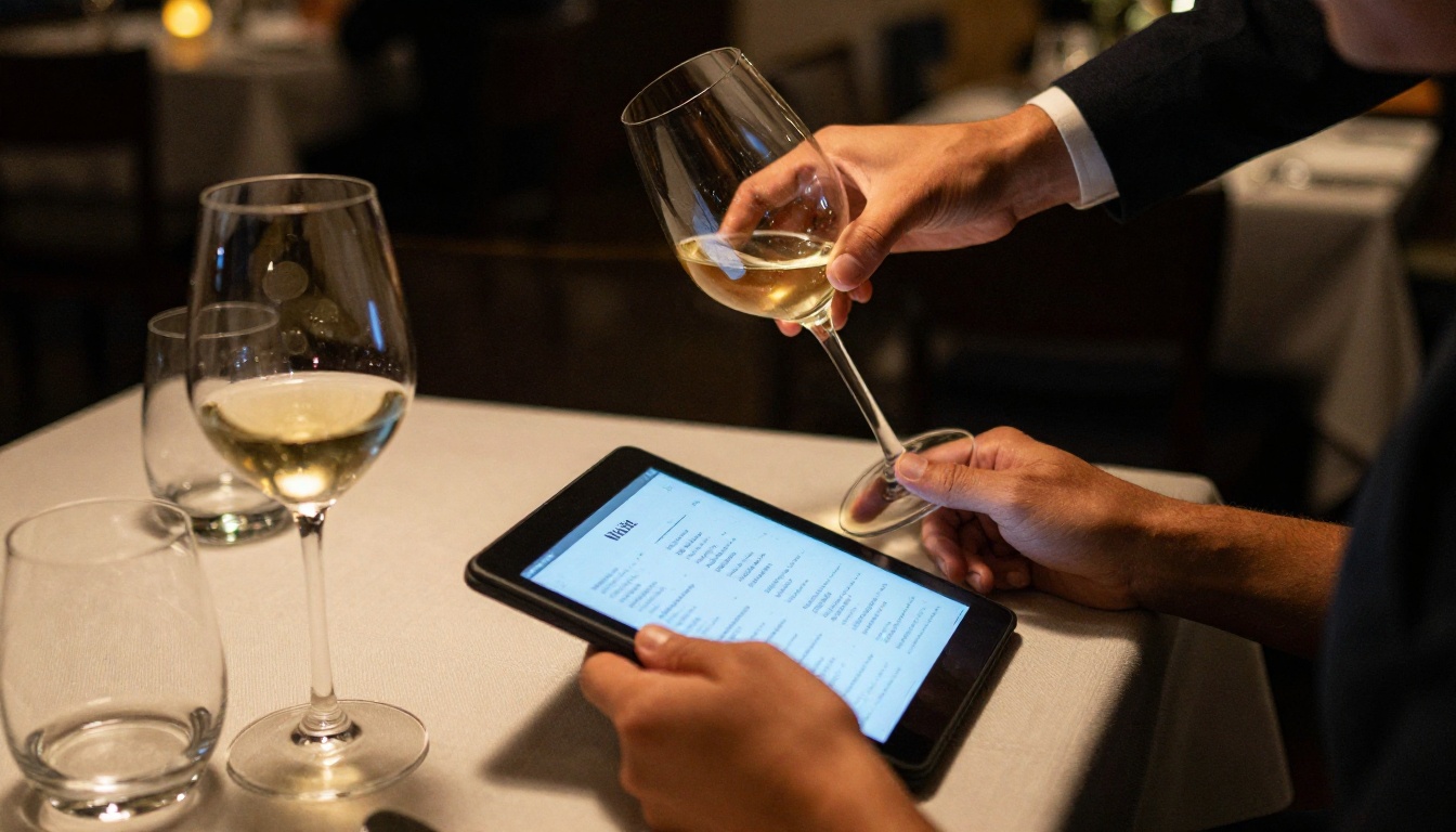 A guest reading a digital wine list while a server pours white wine