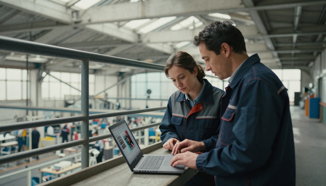 Two colleagues reviewing a catalog on a laptop above a factory assembly line