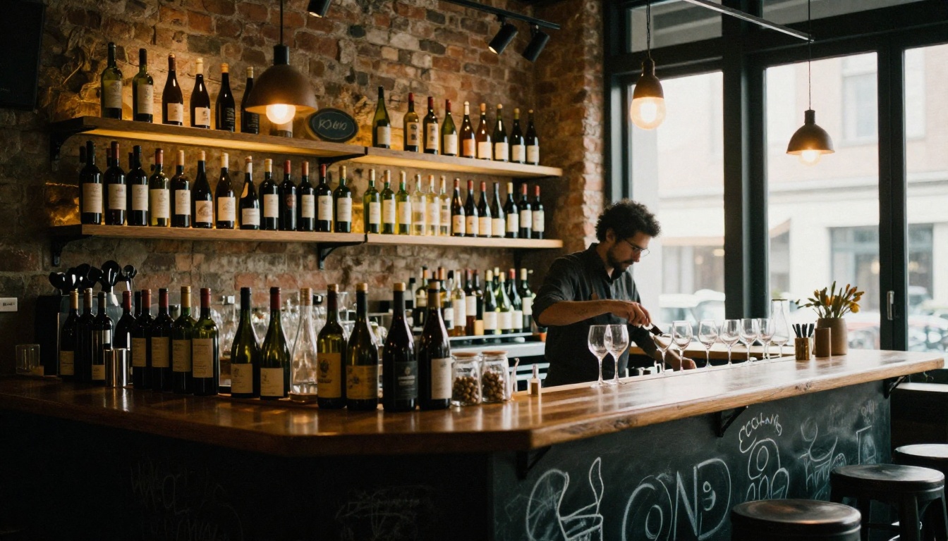 A wine bar interior with bottles lit on shelves behind a wooden counter