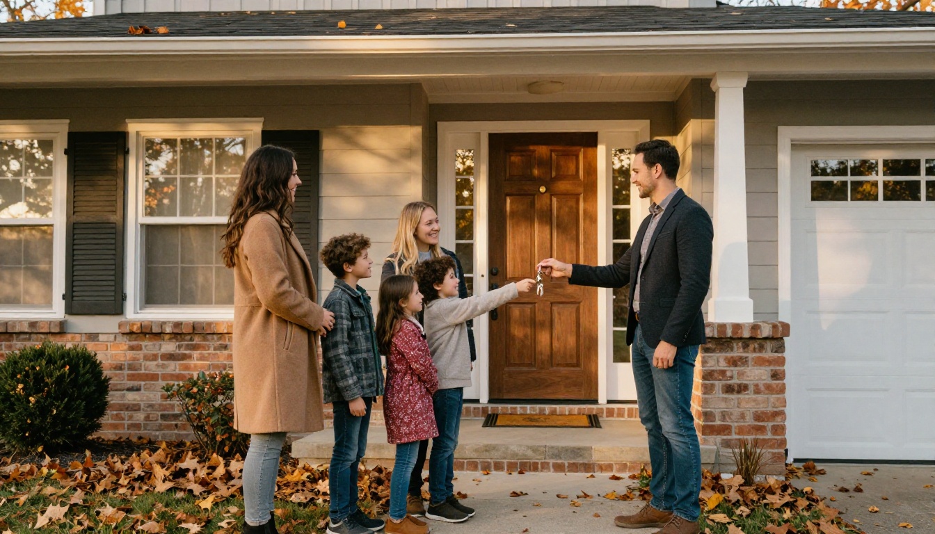 Agent handing over a new home to a smiling family