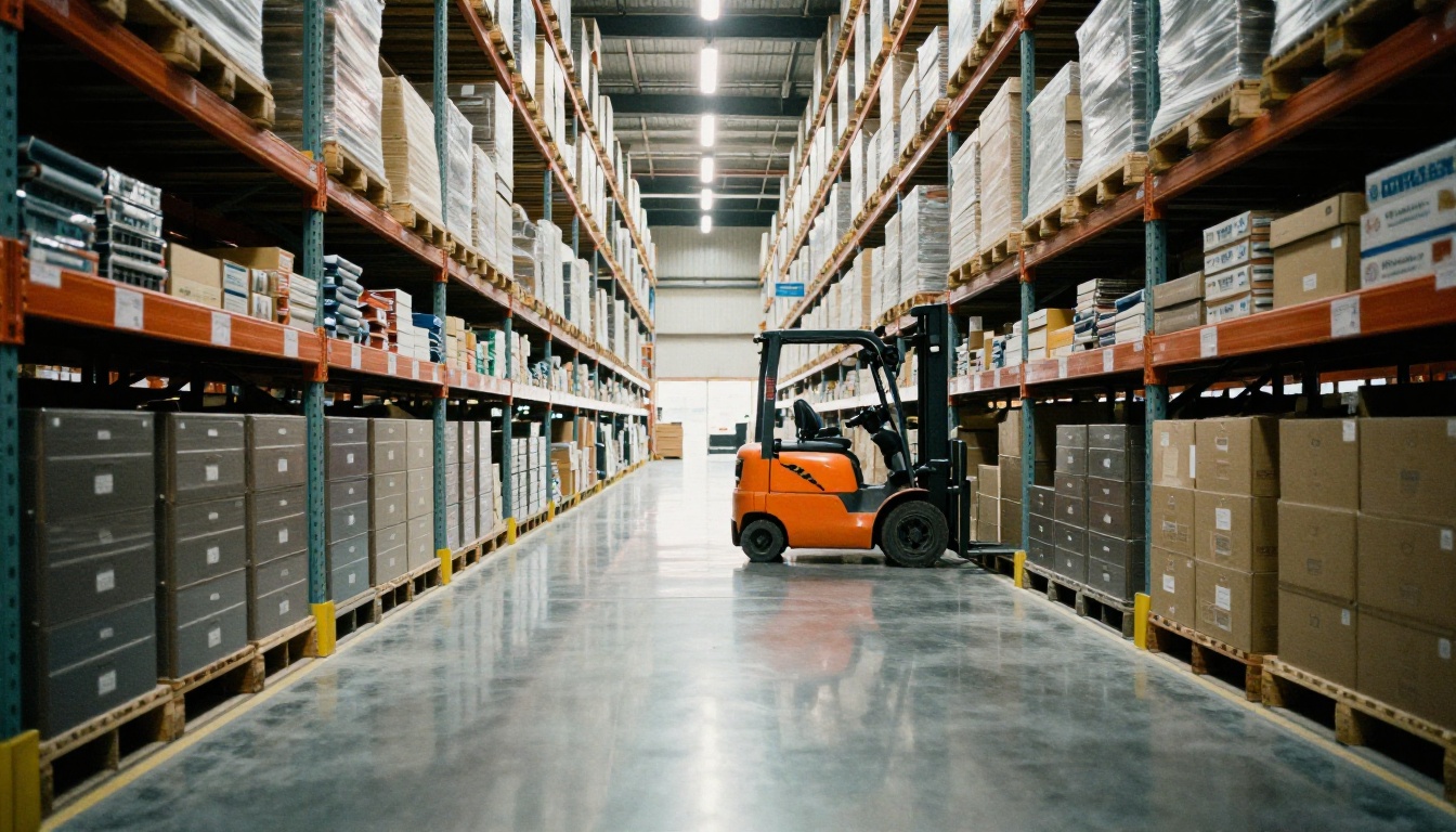 Long warehouse aisle with drawer cabinets and pallet racks