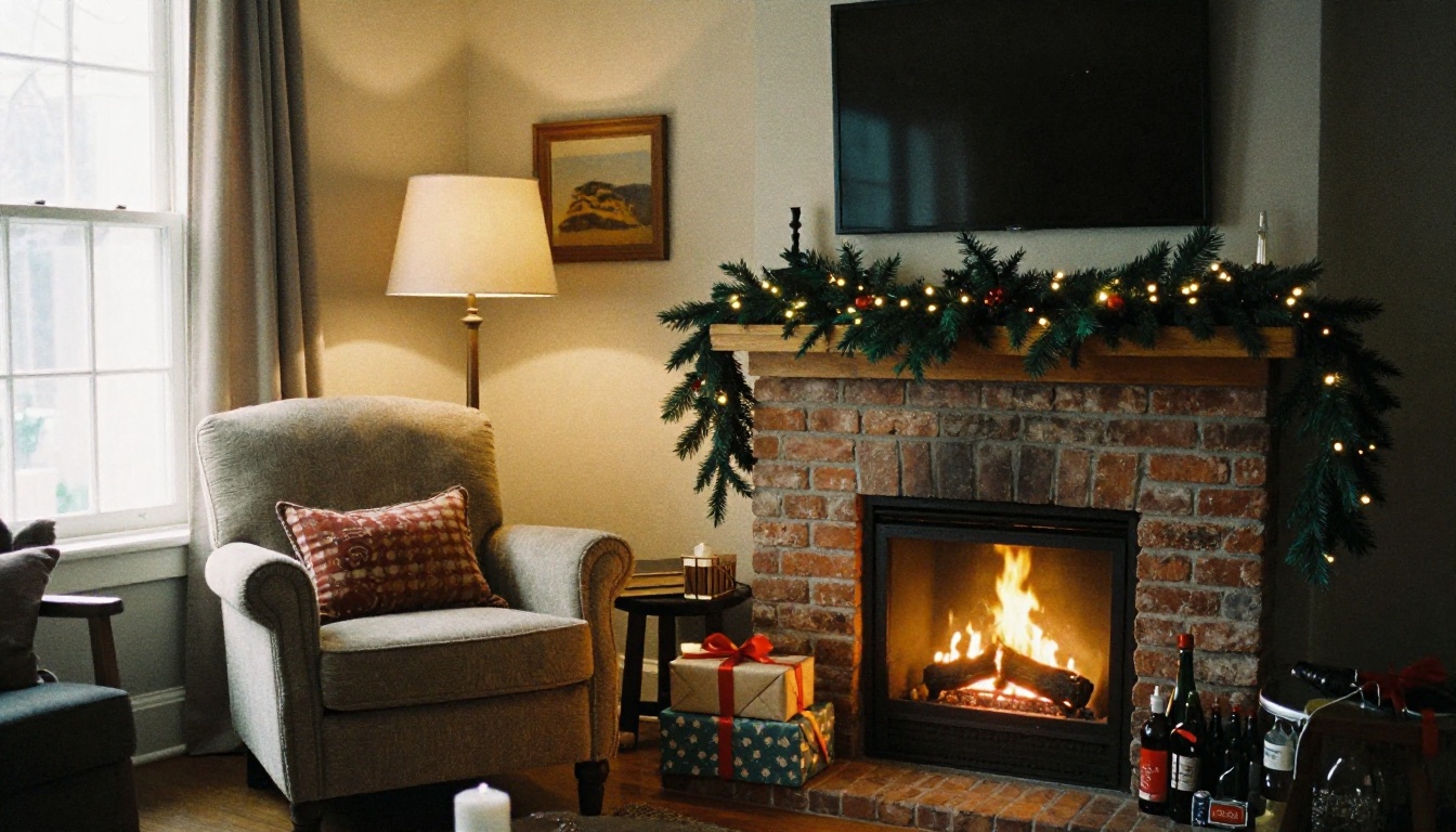 Cozy living room decorated for the holidays