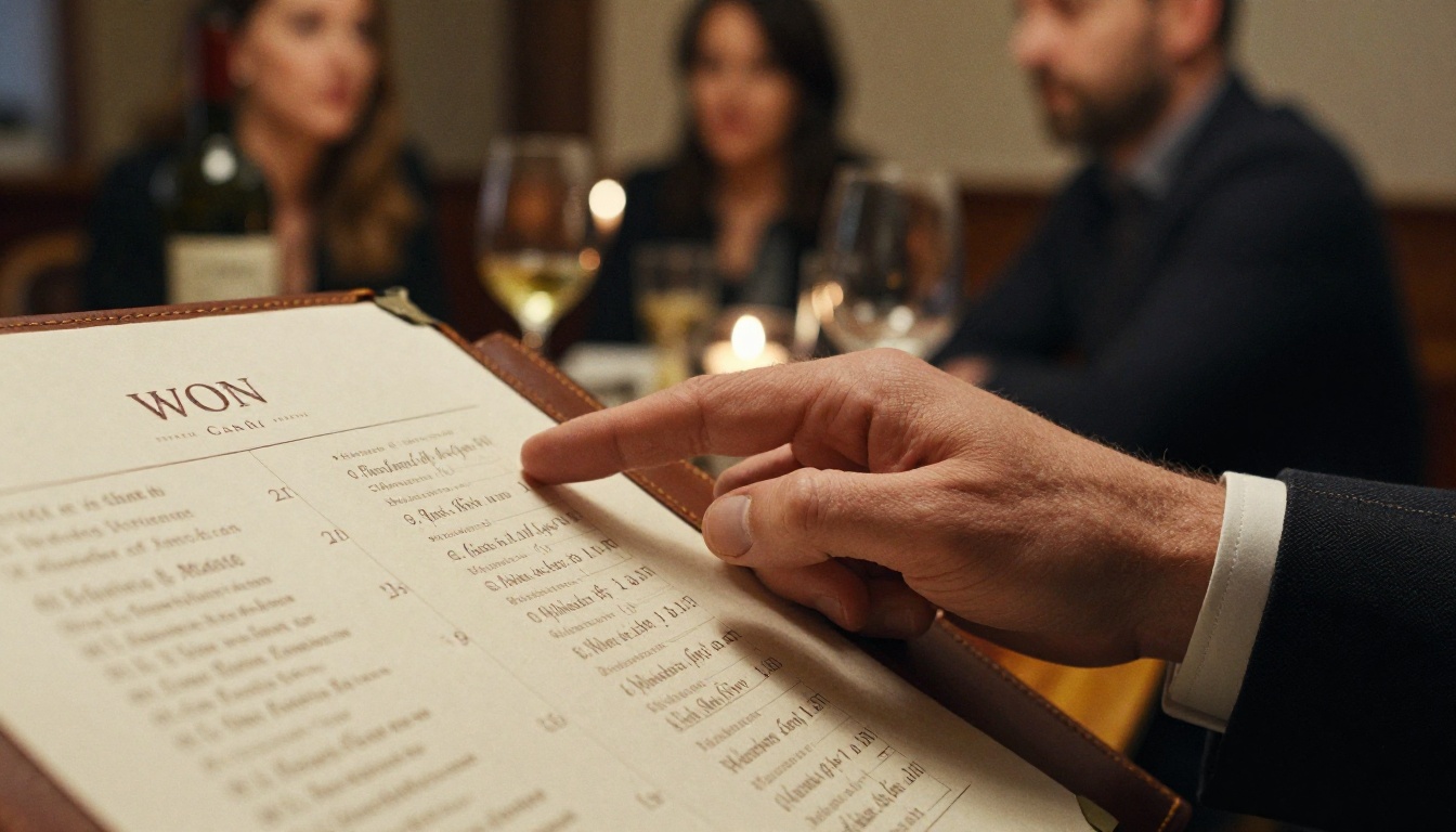 A sommelier pointing to a line on a leather-bound wine list while a couple listens