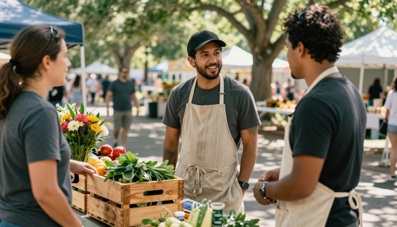 Agent chatting with neighbors at a community market stall
