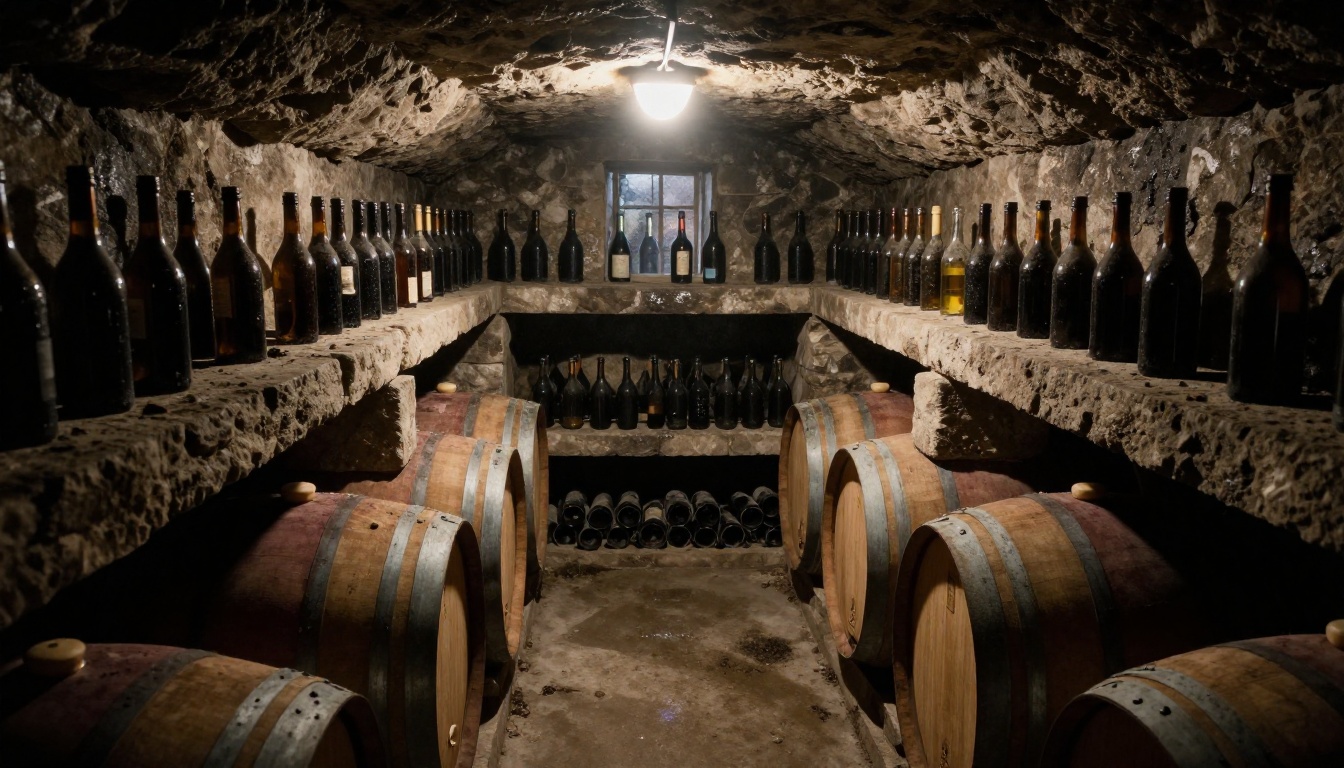 A dark wine cellar with oak barrels and bottles resting in stone racks