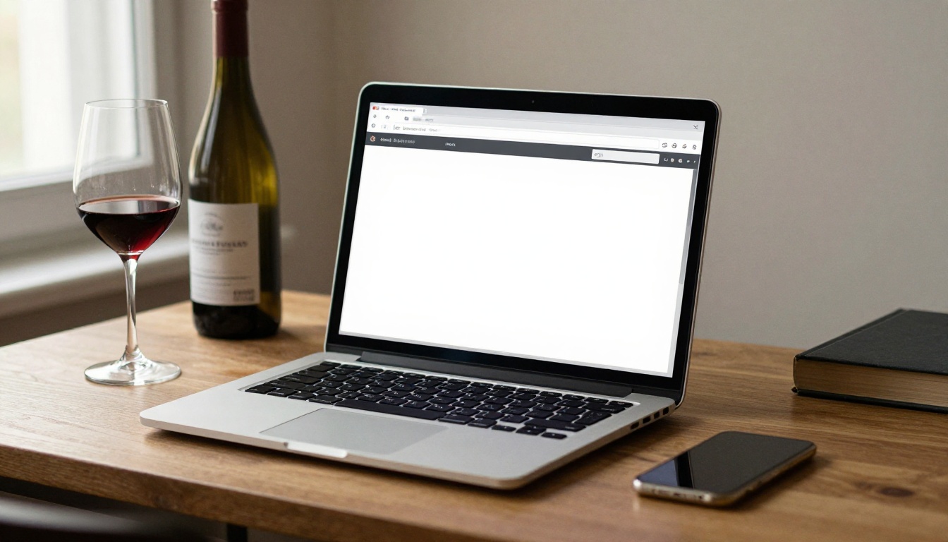 A restaurant owner's desk with a laptop showing a digital menu layout beside a bottle and glass
