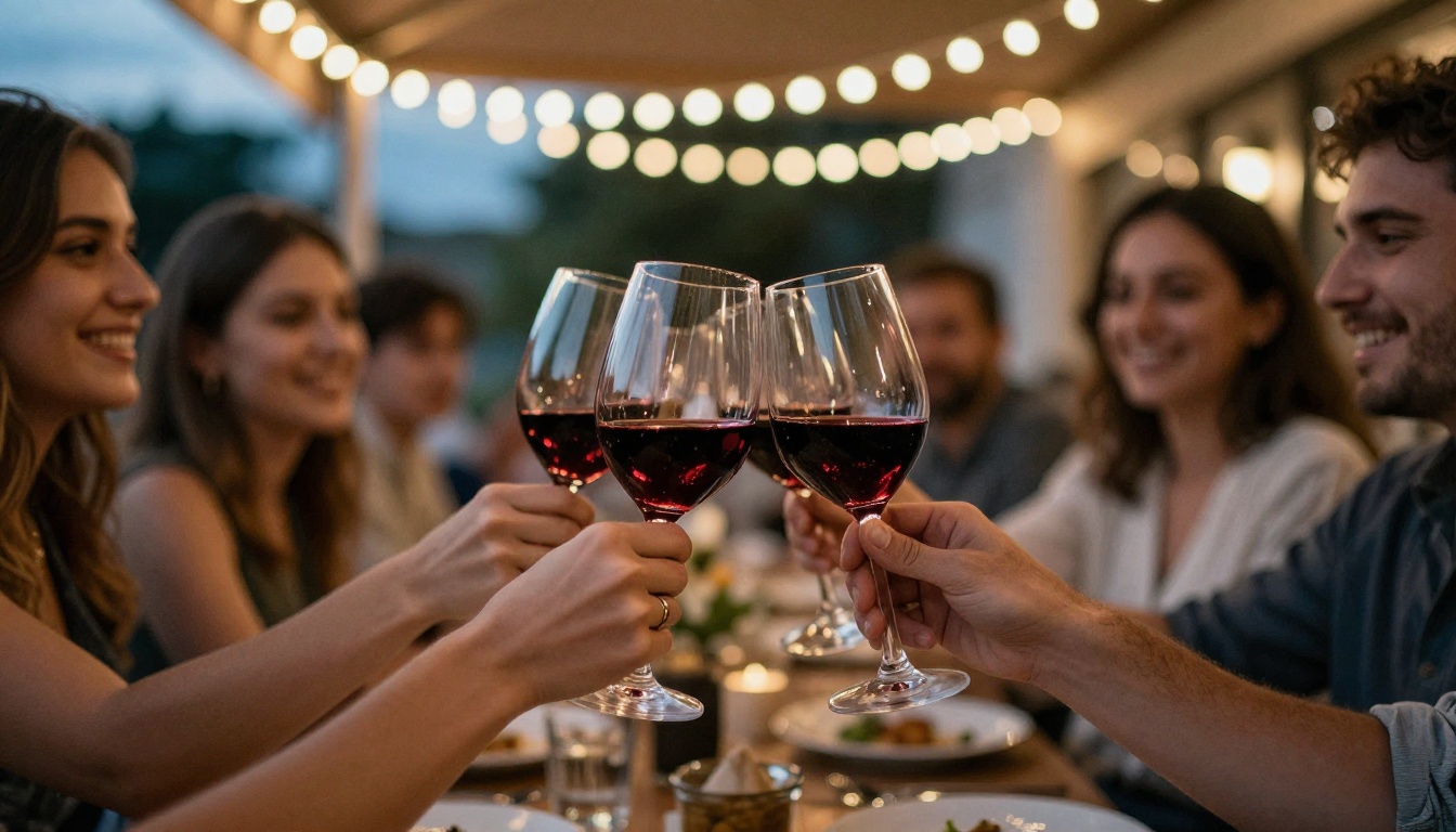 Guests raising red wine glasses on a restaurant terrace at dusk with string lights