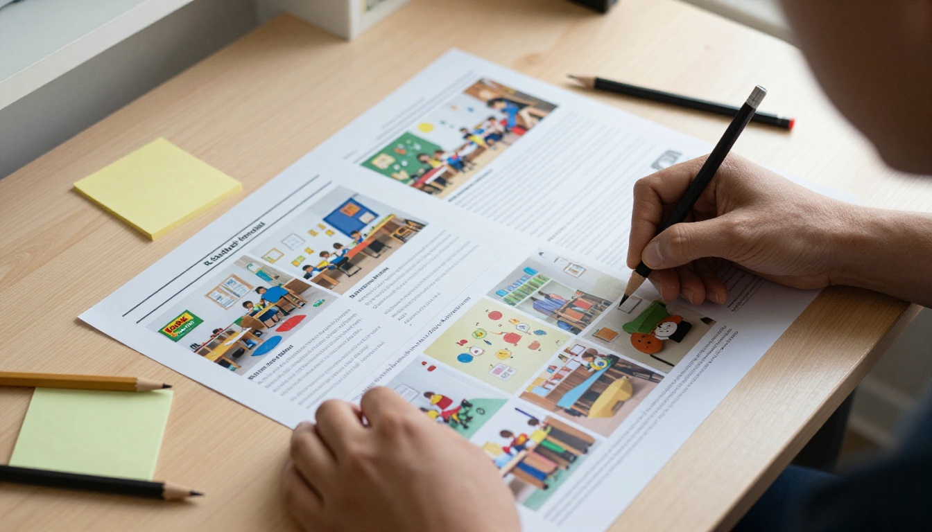 Teacher arranging newsletter pages on a desk Teacher arranging newsletter pages on a desk