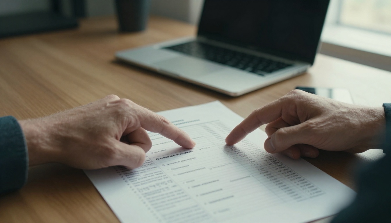 Man pointing at core competencies on a printed document Man pointing at core competencies on a printed document
