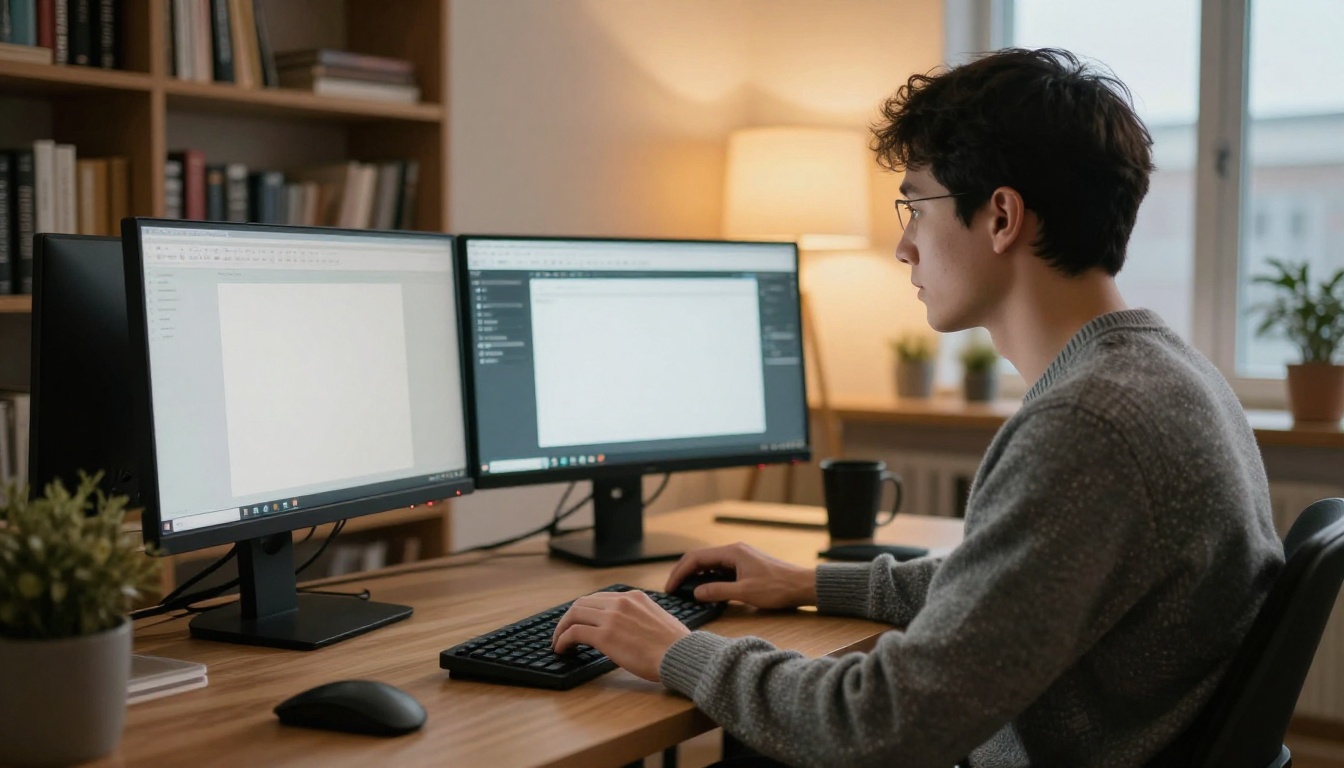 IT consultant working at a standing desk with two monitors IT consultant working at a standing desk with two monitors