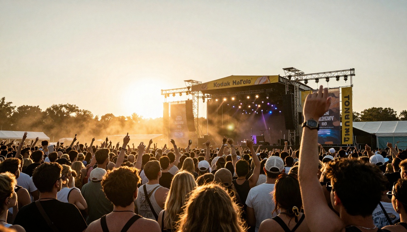 Packed outdoor festival crowd at golden hour with brand banners on the stage truss Packed outdoor festival crowd at golden hour with brand banners on the stage truss