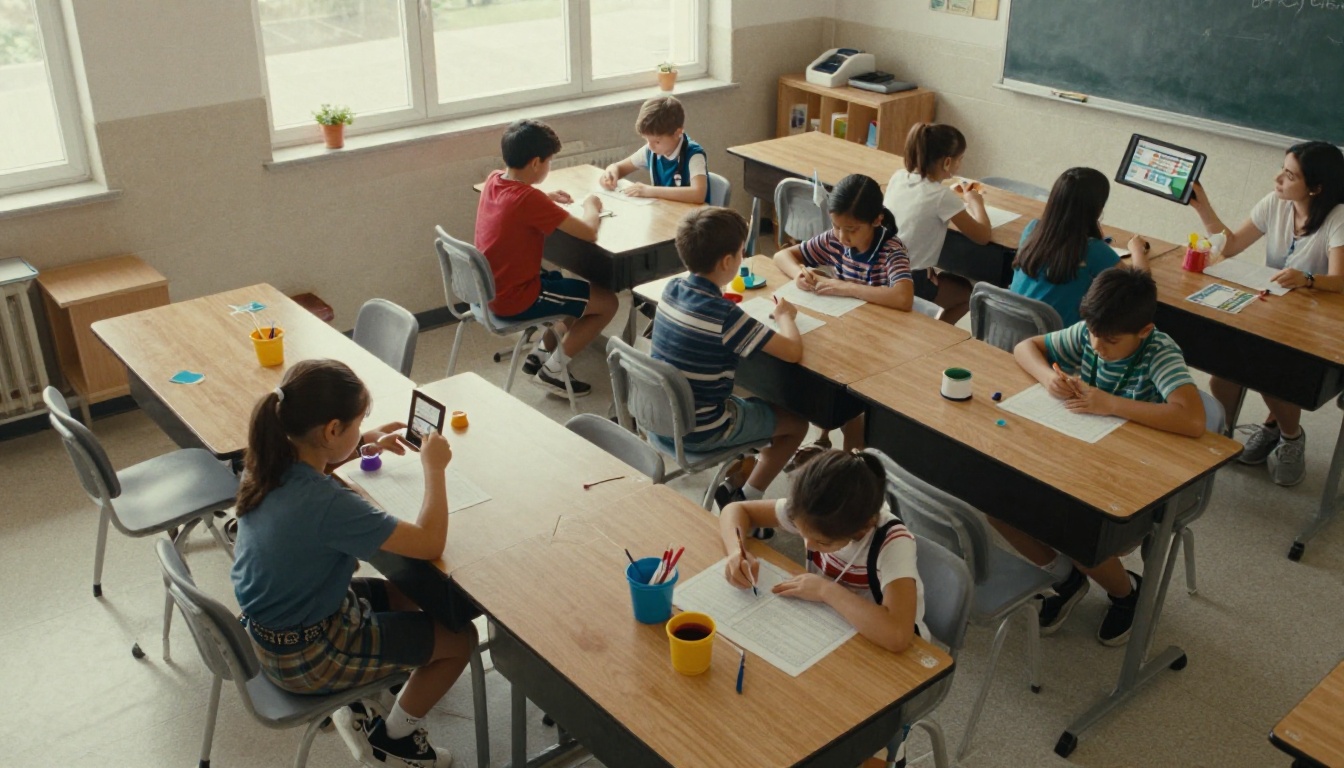 Overhead view of a classroom project day Overhead view of a classroom project day
