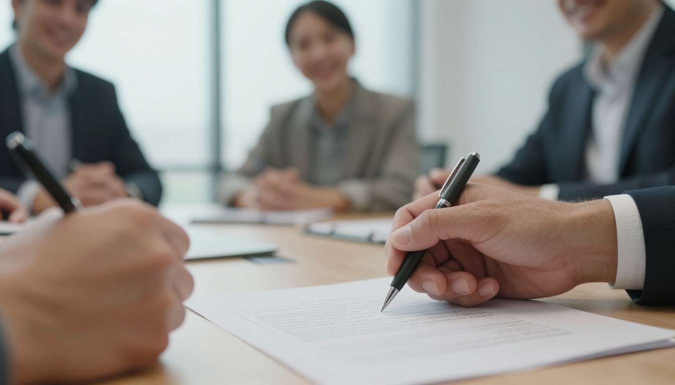 Close-up of a handshake over a conference table with a printed proposal in the foreground Close-up of a handshake over a conference table with a printed proposal in the foreground