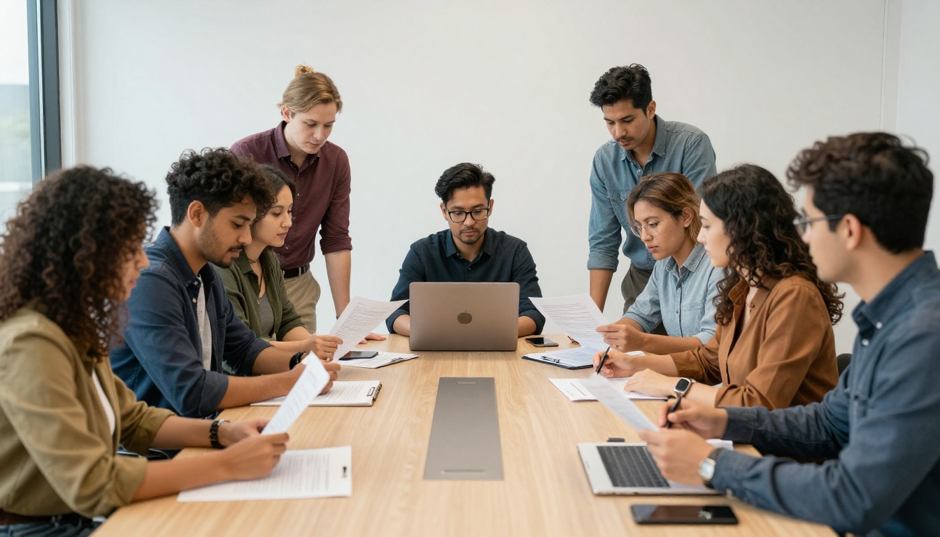 Business team reviewing printed pages at a conference table Business team reviewing printed pages at a conference table