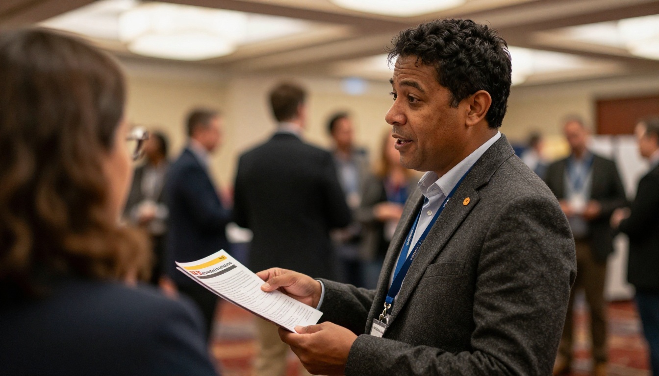 Business owner talking with attendee at a procurement networking event Business owner talking with attendee at a procurement networking event