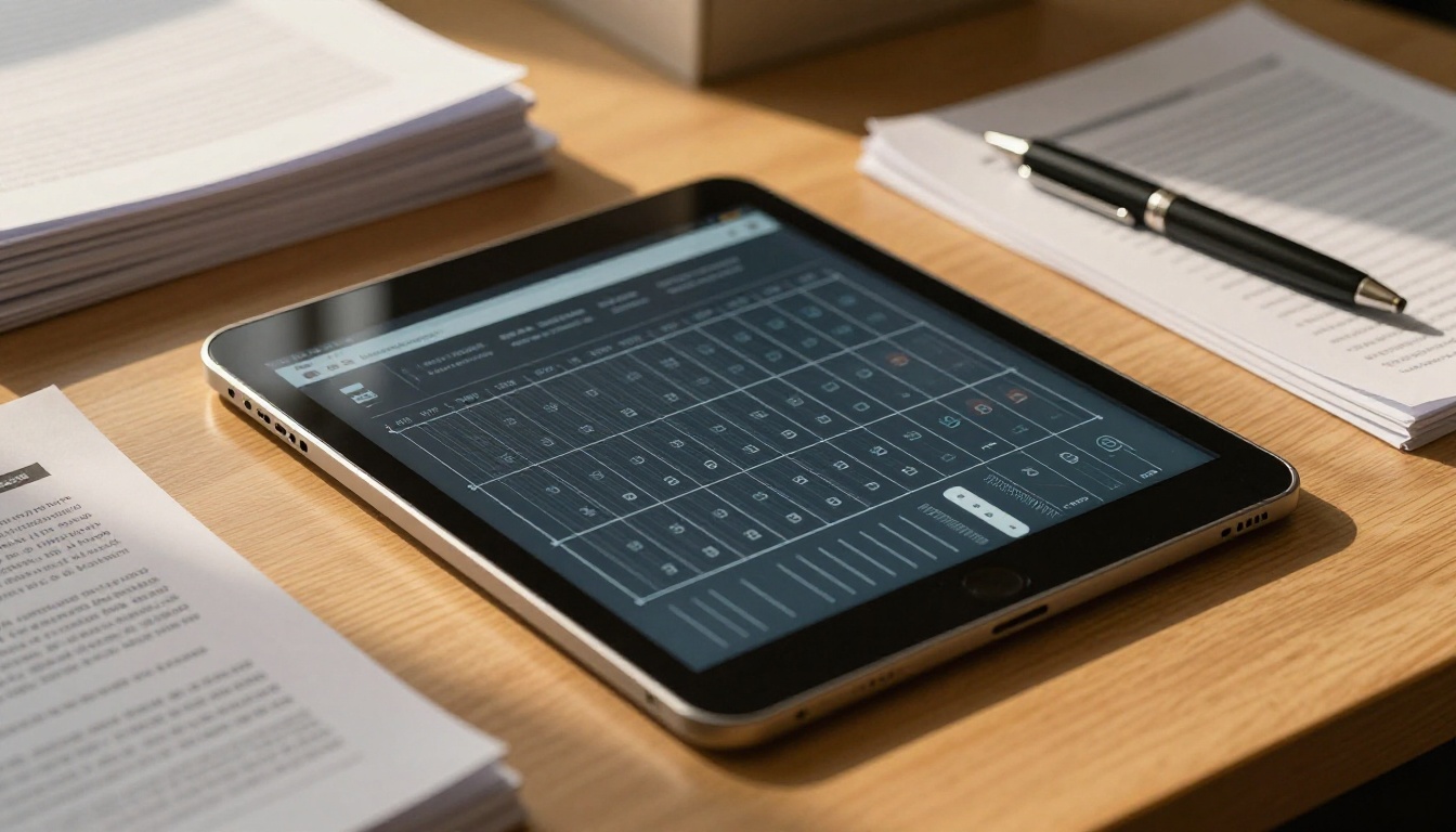 Tablet displaying a flipbook beside printed documents Tablet displaying a flipbook beside printed documents