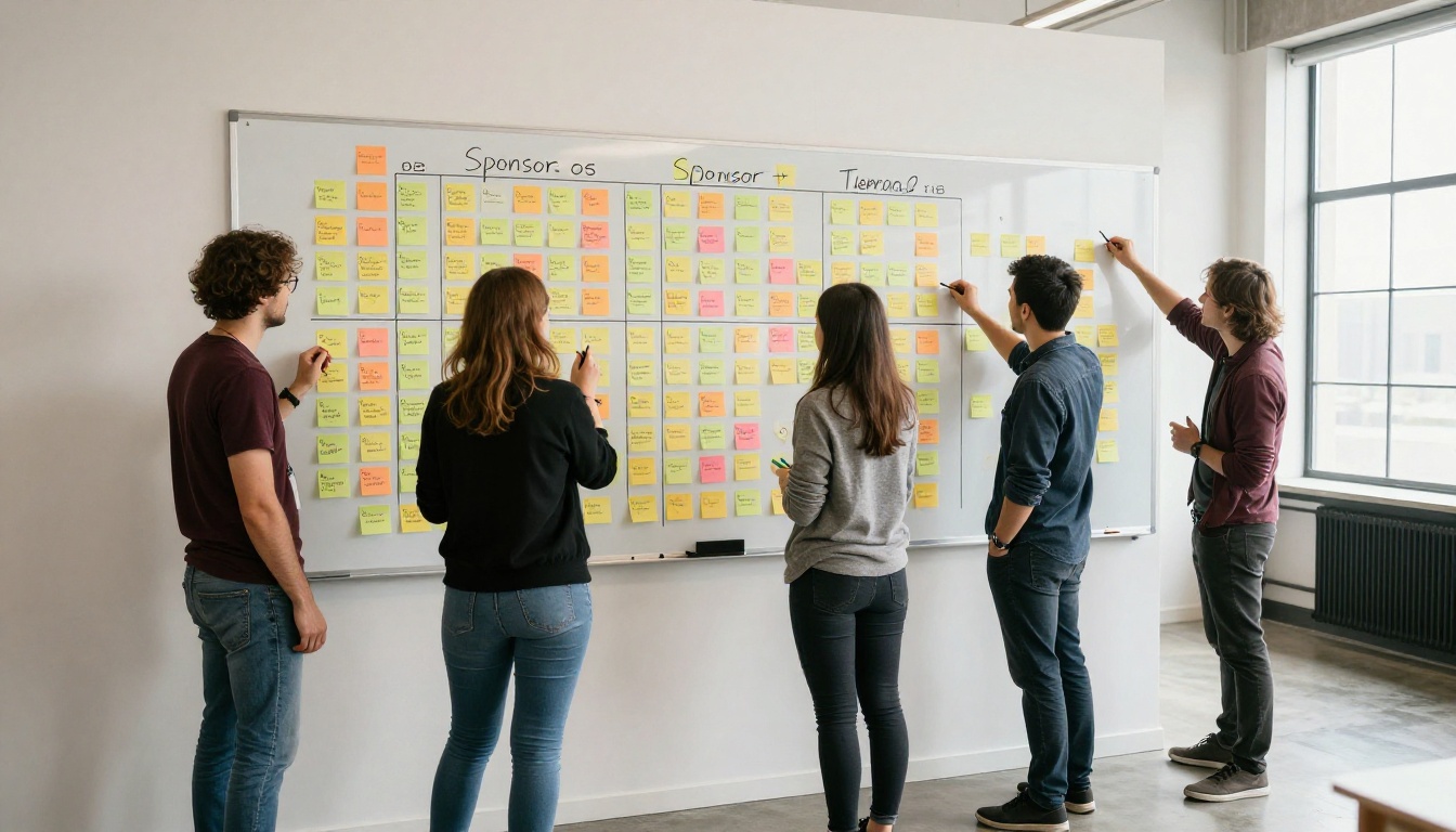 Four event organizers planning sponsor tiers at a whiteboard with sticky notes Four event organizers planning sponsor tiers at a whiteboard with sticky notes