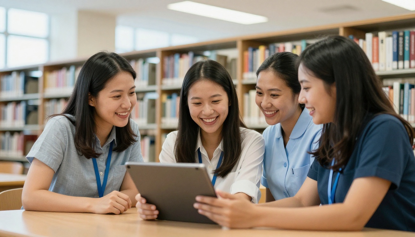Teacher, nurse and counselor laughing over a tablet Teacher, nurse and counselor laughing over a tablet