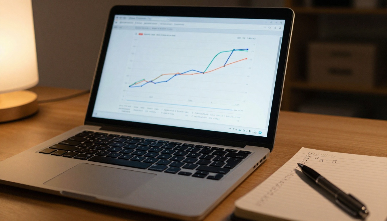 Close-up of a laptop analytics dashboard beside a notebook with handwritten numbers Close-up of a laptop analytics dashboard beside a notebook with handwritten numbers