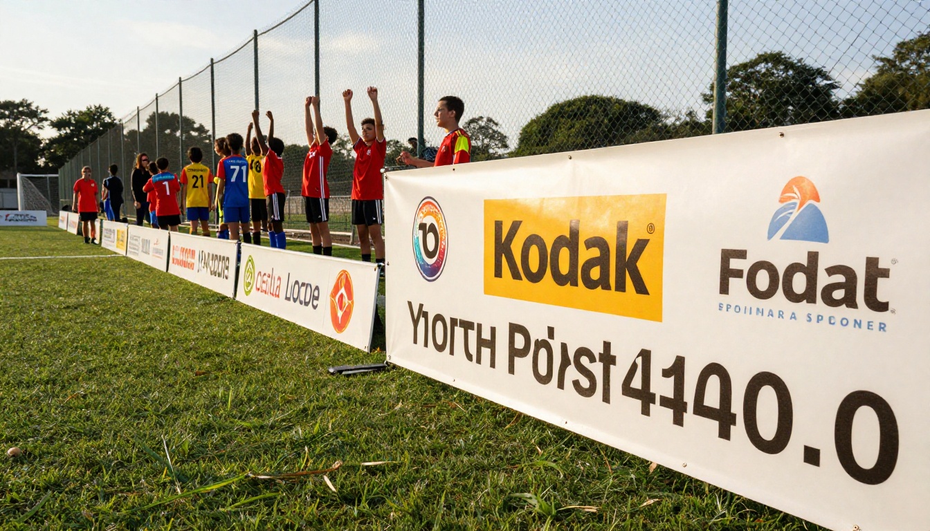 Youth soccer sideline with local business sponsor banners and children celebrating Youth soccer sideline with local business sponsor banners and children celebrating