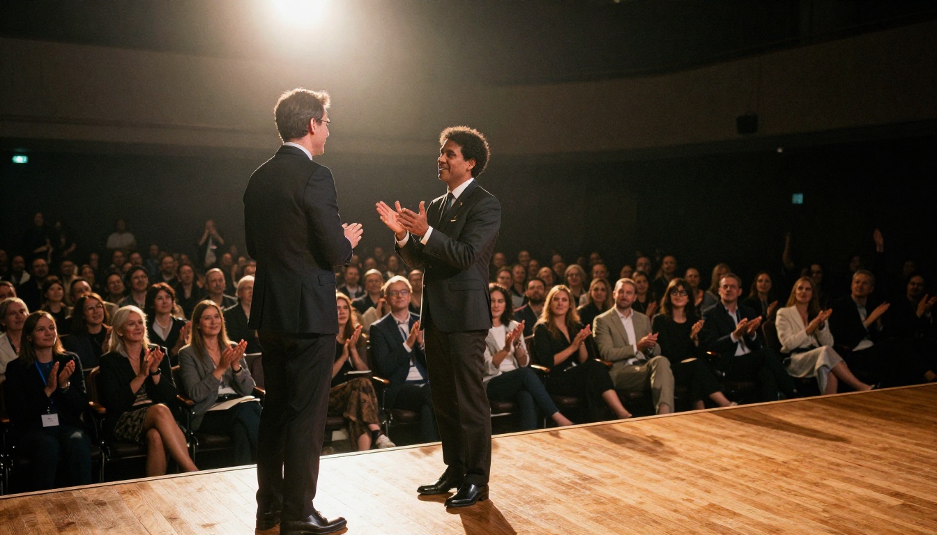 Event director on stage thanking sponsors in front of an applauding auditorium Event director on stage thanking sponsors in front of an applauding auditorium