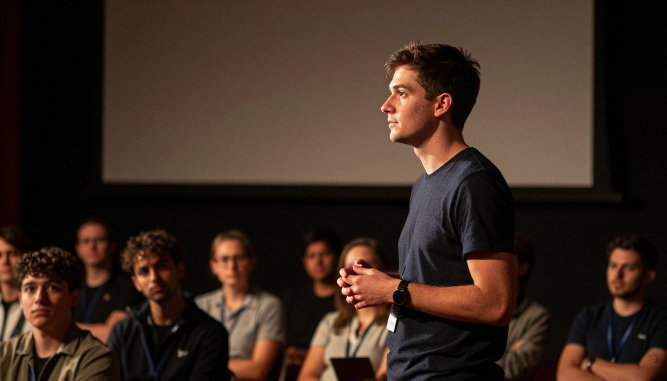 Founder presenting on a small conference stage