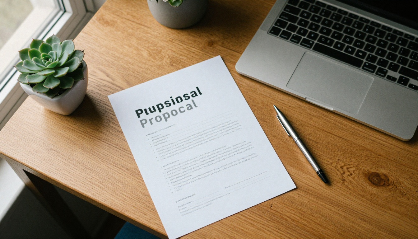 Overhead view of a printed business proposal title page on a wooden desk Overhead view of a printed business proposal title page on a wooden desk