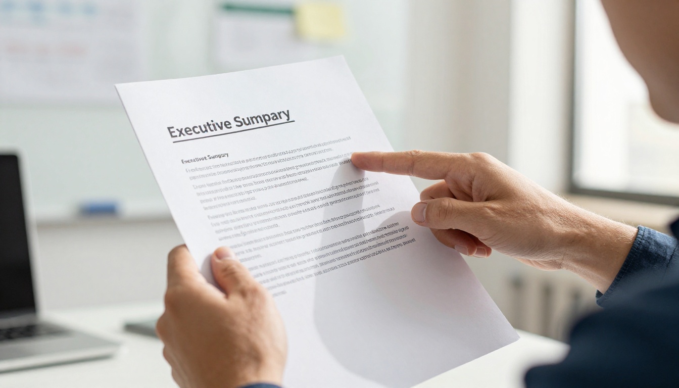 Close-up of a hand pointing at an executive summary paragraph on a printed proposal Close-up of a hand pointing at an executive summary paragraph on a printed proposal