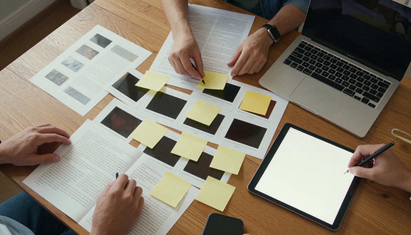 Printed slides arranged on a table to build a narrative