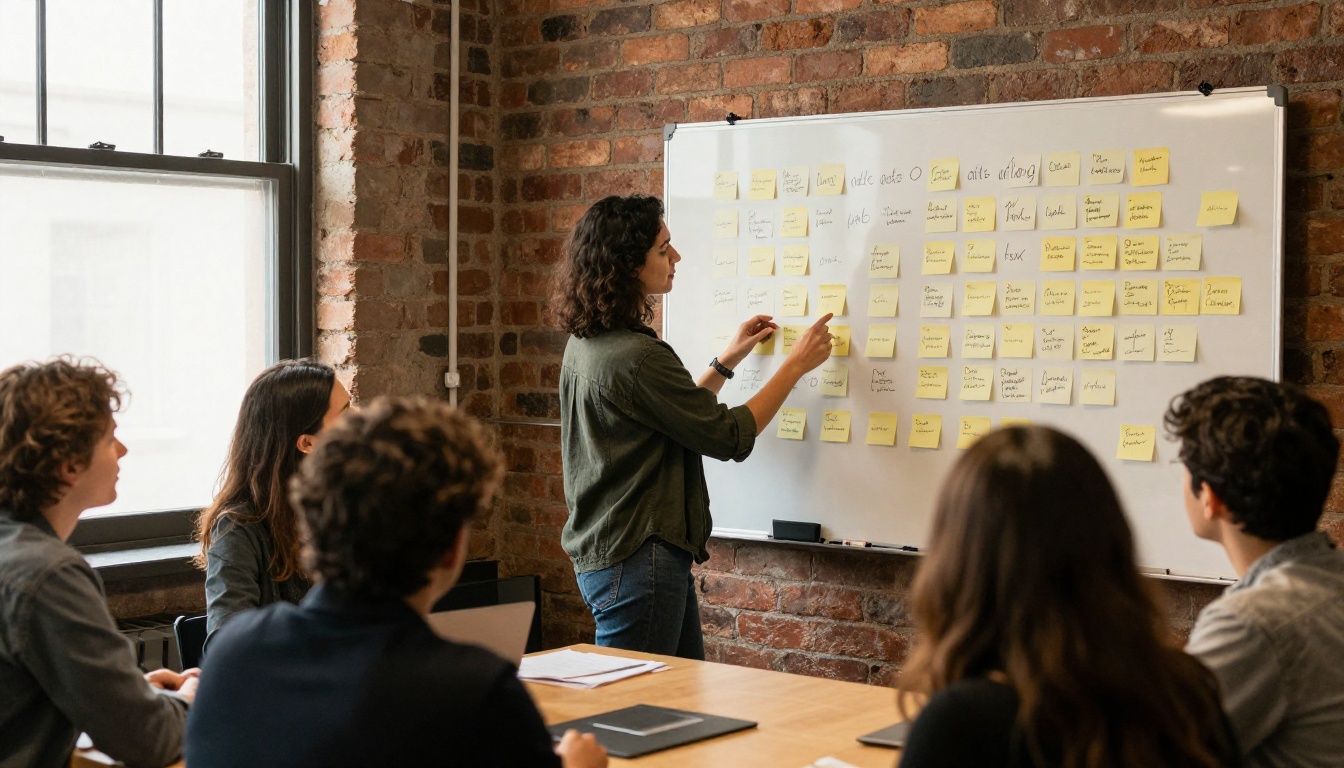Woman presenting a client problem on a whiteboard covered with sticky notes Woman presenting a client problem on a whiteboard covered with sticky notes