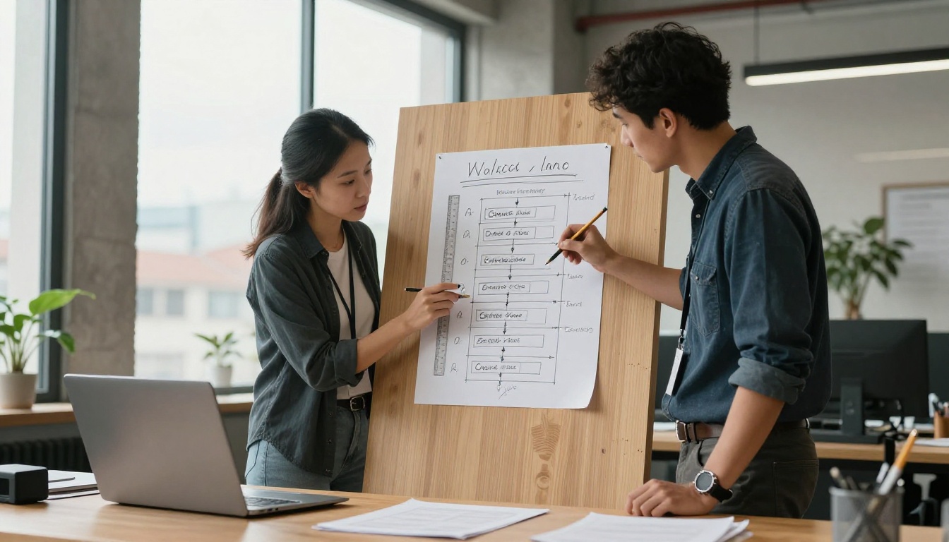 Two colleagues reviewing a proposed solution timeline sketched on paper Two colleagues reviewing a proposed solution timeline sketched on paper